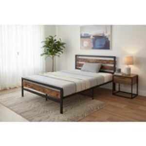 Double Size Rustic Bed Frame - Sturdy Metal & MDF Base | Wowcher