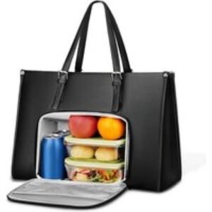 Black Women's Vegan Leather Tote Bag with Insulated Lunch Compartment - Large Work Satchel