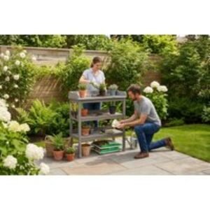 Grey 3-Tier Wooden Potting Table - Durable Garden Workstation | Wowcher