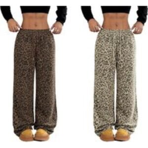 Black Women's Y2K Leopard Print Wide Leg Summer Trousers - Lightweight