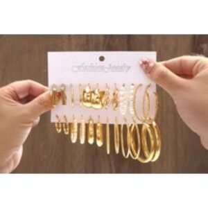 12-Pair Hypoallergenic Gold & Silver Alloy Hoop Earrings Set - Mixed Styles