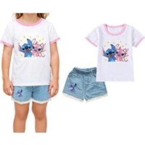 Vibrant Stitch Cartoon Kids' Cotton Short Sleeve T-Shirt and Jeans Set | Wowcher