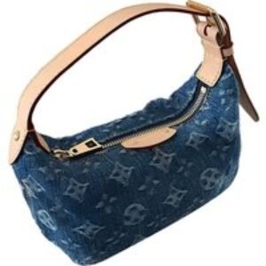 Unisex Black Washed Denim Mini Crossbody Handbag with Adjustable Leather Strap - Vintage Print