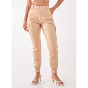 Women's Black Pink PU Cuffed Cargo Trousers - Lightweight Contemporary Summer Utility | Wowcher