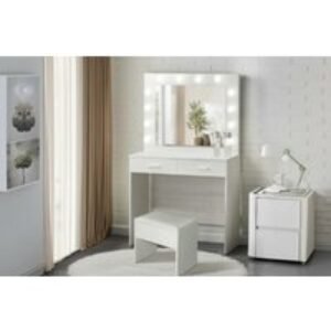 PRICE DROP! Clarisse White 2 Drawer Vanity Dressing Table & Stool Set with LED Mirror - Modern Bedroom Furniture | Wowcher