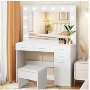 PRICE DROP! Clarisse Modern White 4-Drawer Bedroom Vanity Set with LED Mirror & Storage - Dressing Table and Cushioned Stool | Wowcher