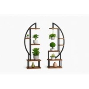 Set of Two Rustic Brown Crescent Wood Multi-Tiered Plant Stands | Wowcher